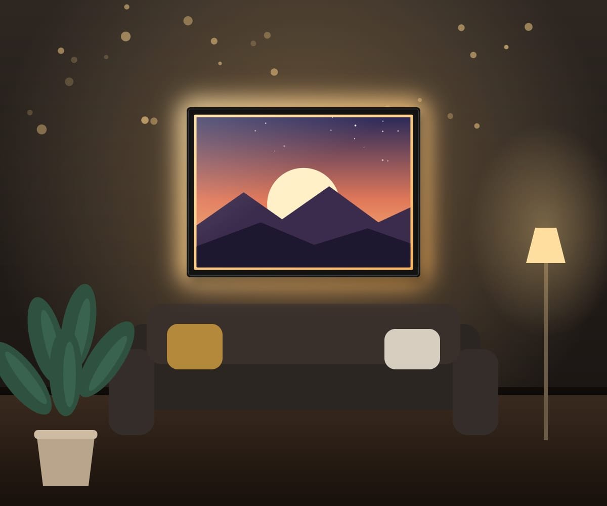 A softly glowing LED photo frame on a living-room wall (sample illustration)